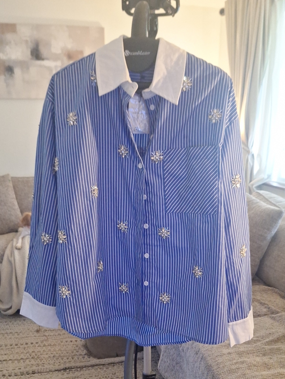 NWT Cotton Lumi Blouse Striped Embellished Button Down L